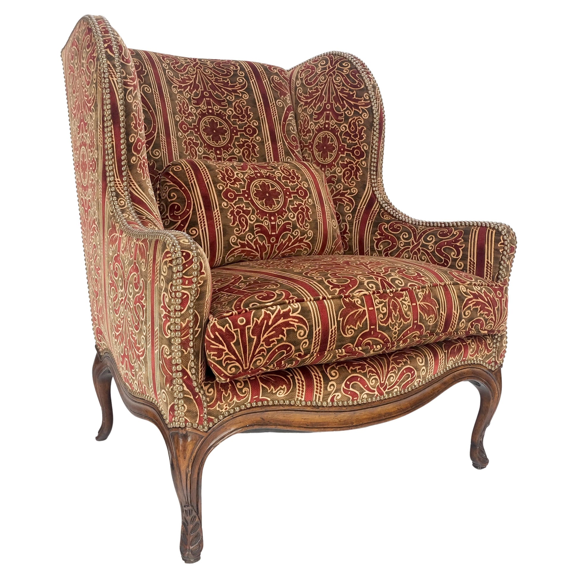 EstablishedLines Red Gold Brass Tacks Upholstery Carved Mahogany Base Legs Large Wing Chair MINT!