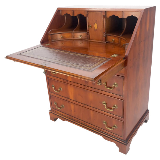 EstablishedLines Yew Wood Leather Top Drop Front Secretary Desk 3 Drawers Brass Hardware MINT!
