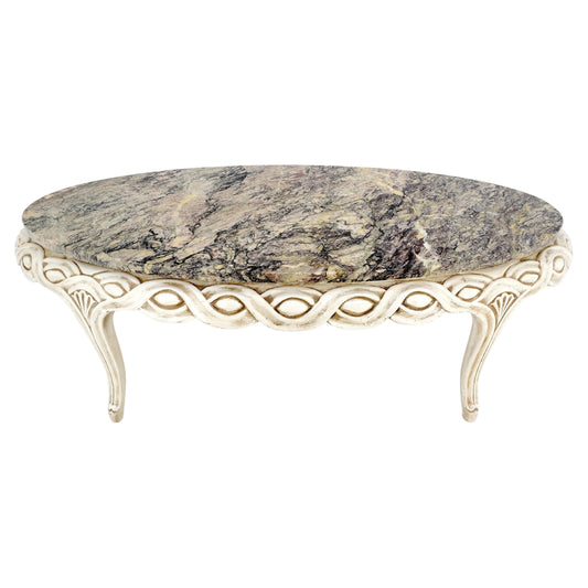 EstablishedLines Braided Bezel Oval Marble Top White Pickle Finish French Provincial Coffee Table