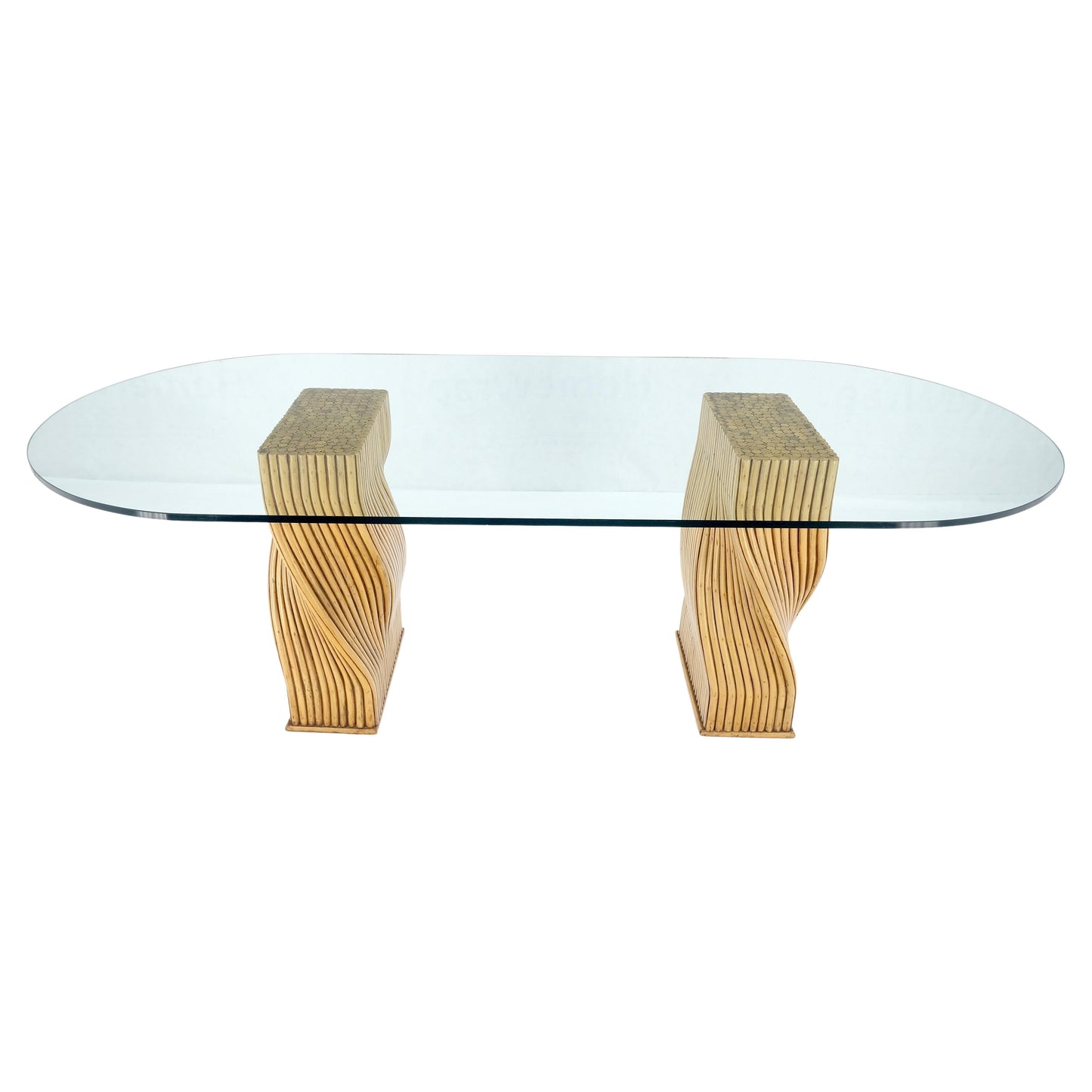 EstablishedLines Racetrack Oval Shape 3/4" Glass Top Sheaf of Twisted Bamboo Bases Dining Table
