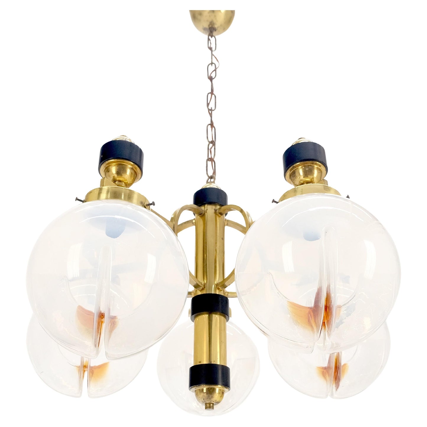 EstablishedLines Mid Century Milk Amber Glass 4 Globe Shades Brass Light Fixture Chandelier MINT