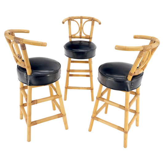 EstablishedLines Set of 3 Black Vinyl Upholstery Bamboo Bar Stools Mid Century Modern MINT
