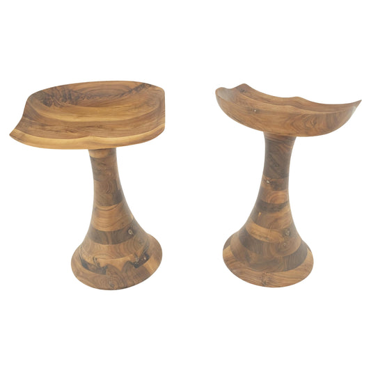 EstablishedLines Turned Bases Carved Seat Solid Oiled Walnut Bar Stools  MINT!