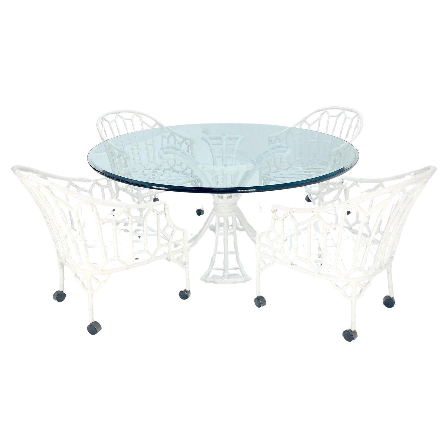 EstablishedLines Cast Aluminum Faux Bamboo 4 Arm Chairs 60" 3/4" Glass Top Dining Table Set MINT!