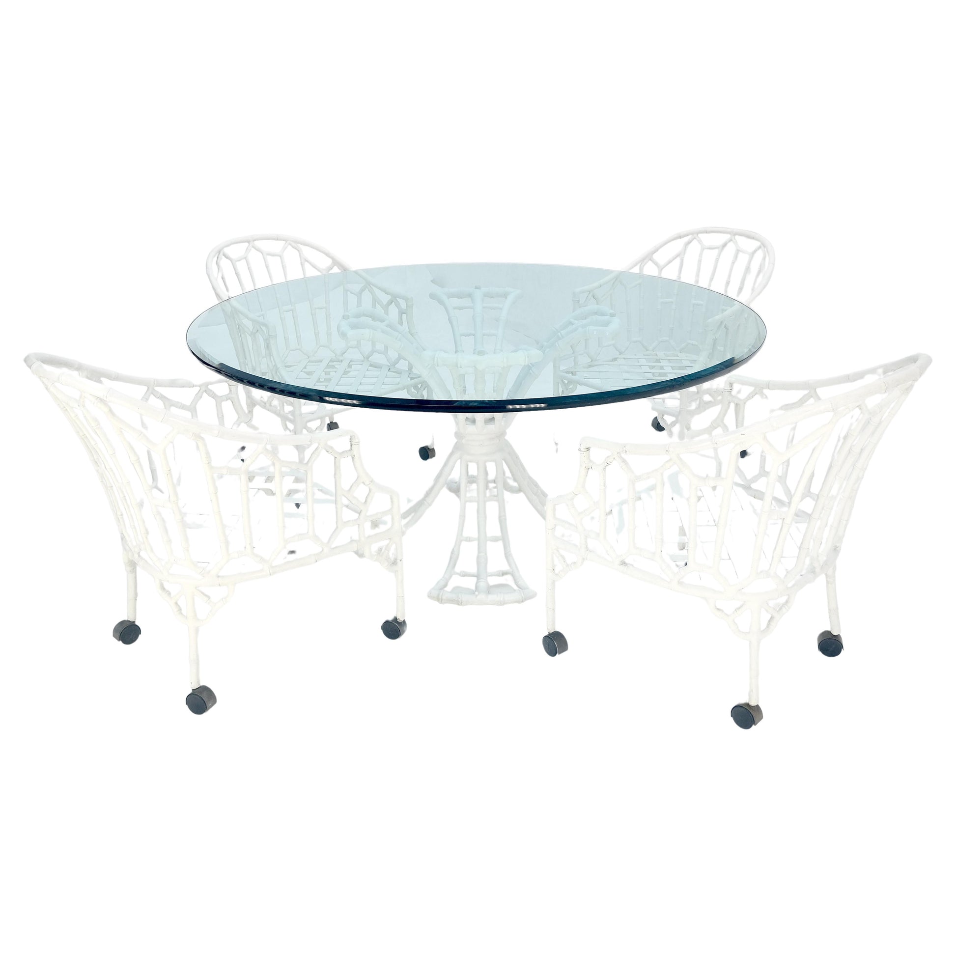 EstablishedLines Cast Aluminum Faux Bamboo 4 Arm Chairs 60" 3/4" Glass Top Dining Table Set MINT!