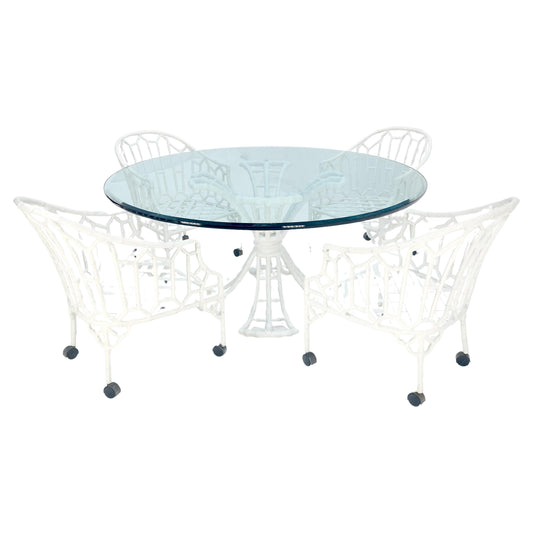 EstablishedLines Cast Aluminum Faux Bamboo 4 Arm Chairs 60" 3/4" Glass Top Dining Table Set MINT!