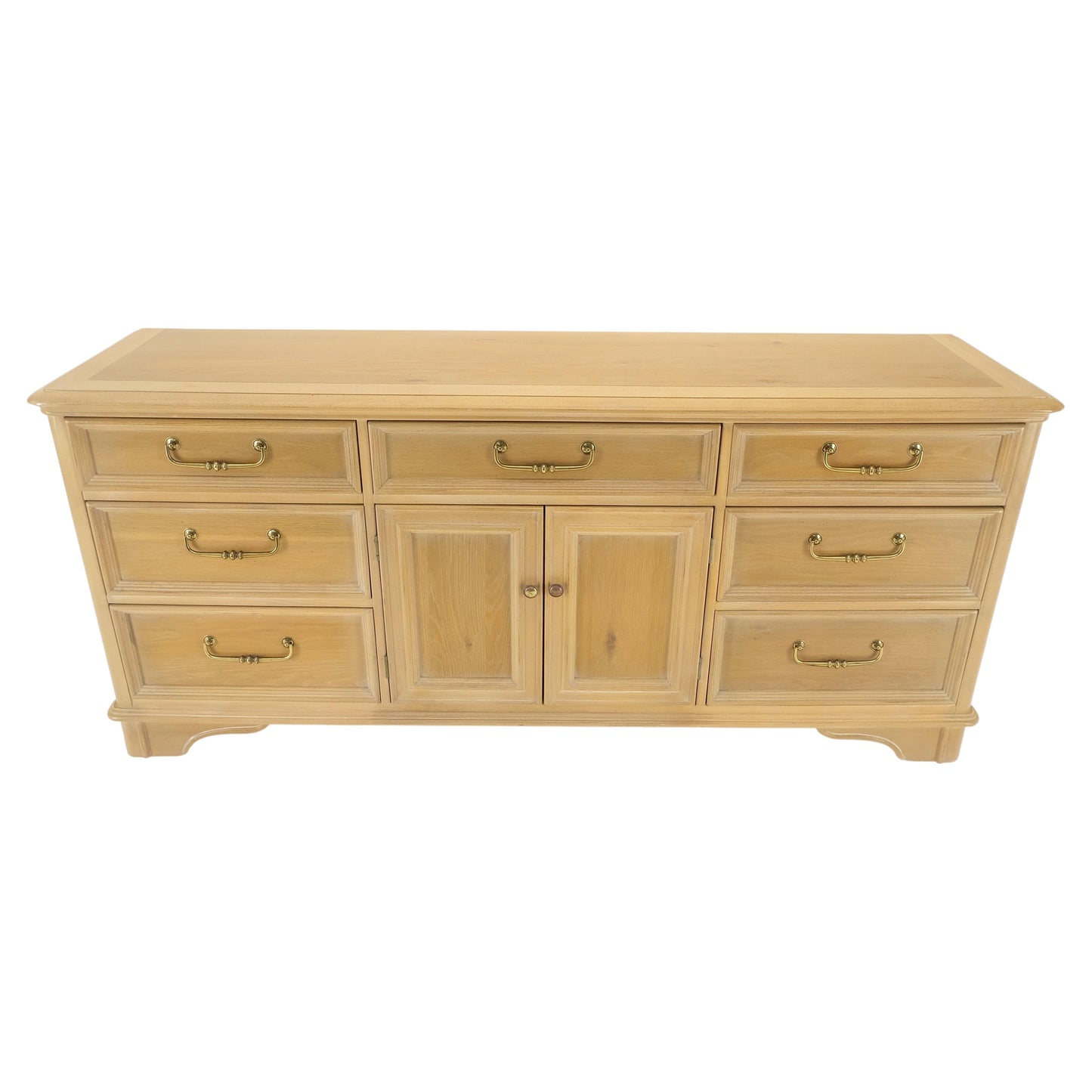 EstablishedLines Pickled White Oak & Yew Wood Heavy Long Brass Drop Pulls Long Dresser Credenza