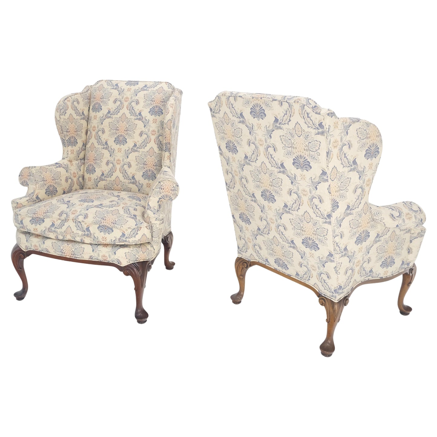 EstablishedLines Pair of Queen Ann Carved Walnut Bases Blue & White Upholstery Arm Chairs MINT!