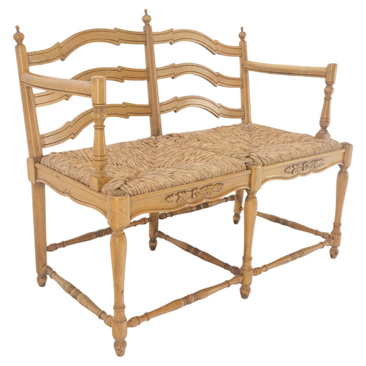 EstablishedLines Rush Seat Ladder Back Carved Maple Country Style Loveseat Sofa Bench MINT!
