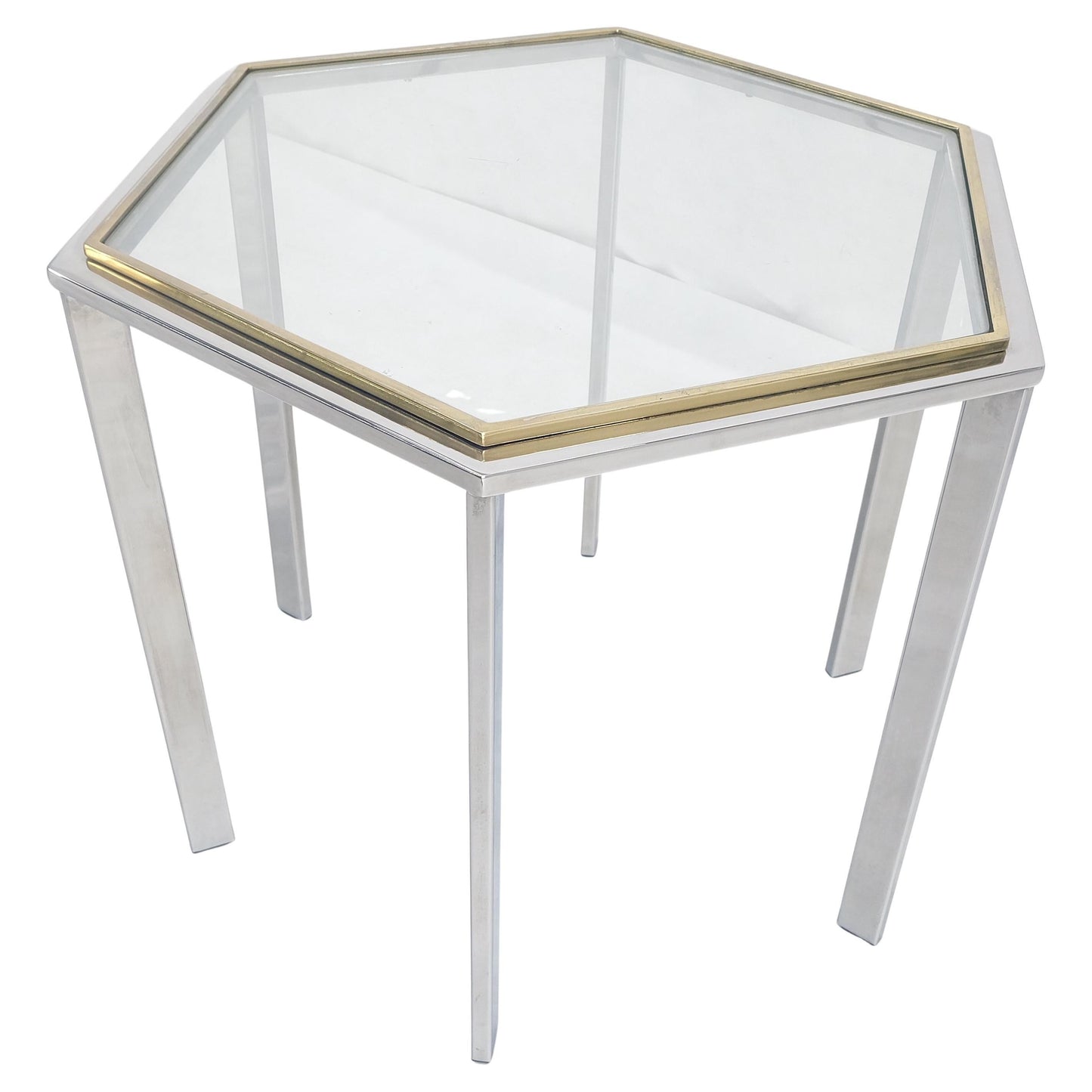 EstablishedLines Hexagon Shape Chrome Brass & Glass 22" Tall Occasional Side Table Stand MINT!