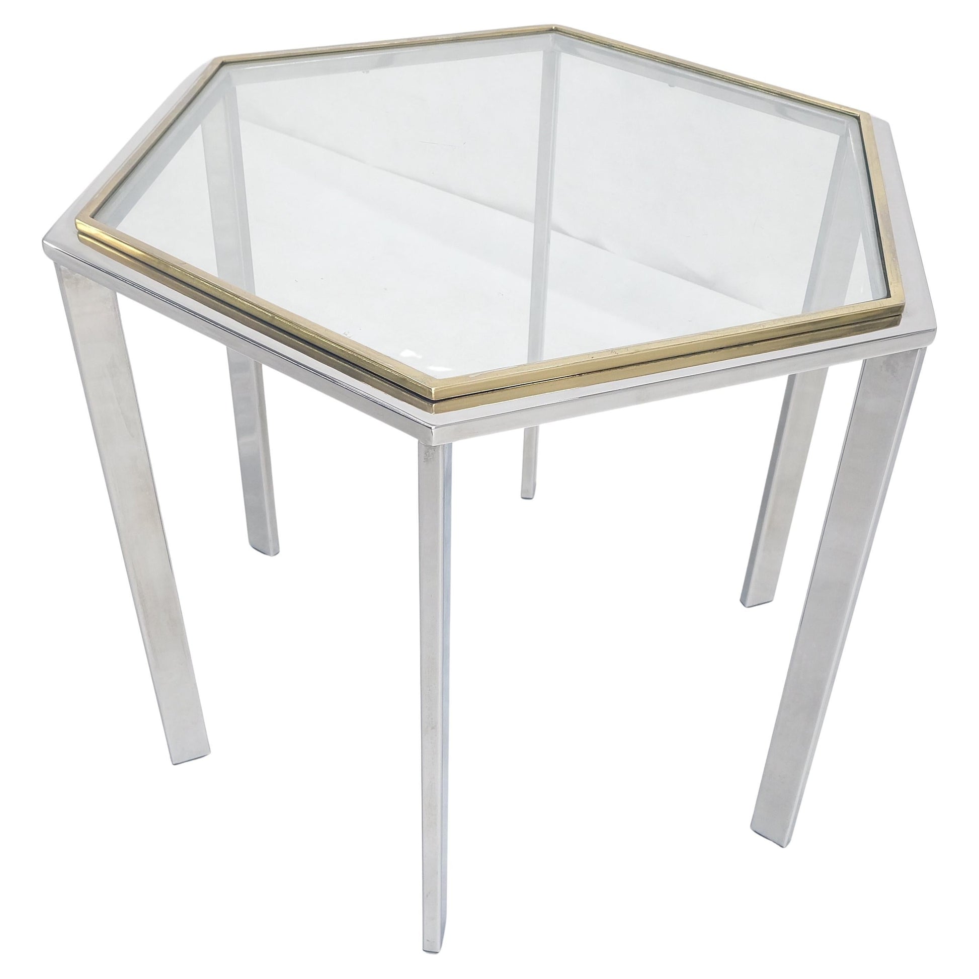 EstablishedLines Hexagon Shape Chrome Brass & Glass 22" Tall Occasional Side Table Stand MINT!