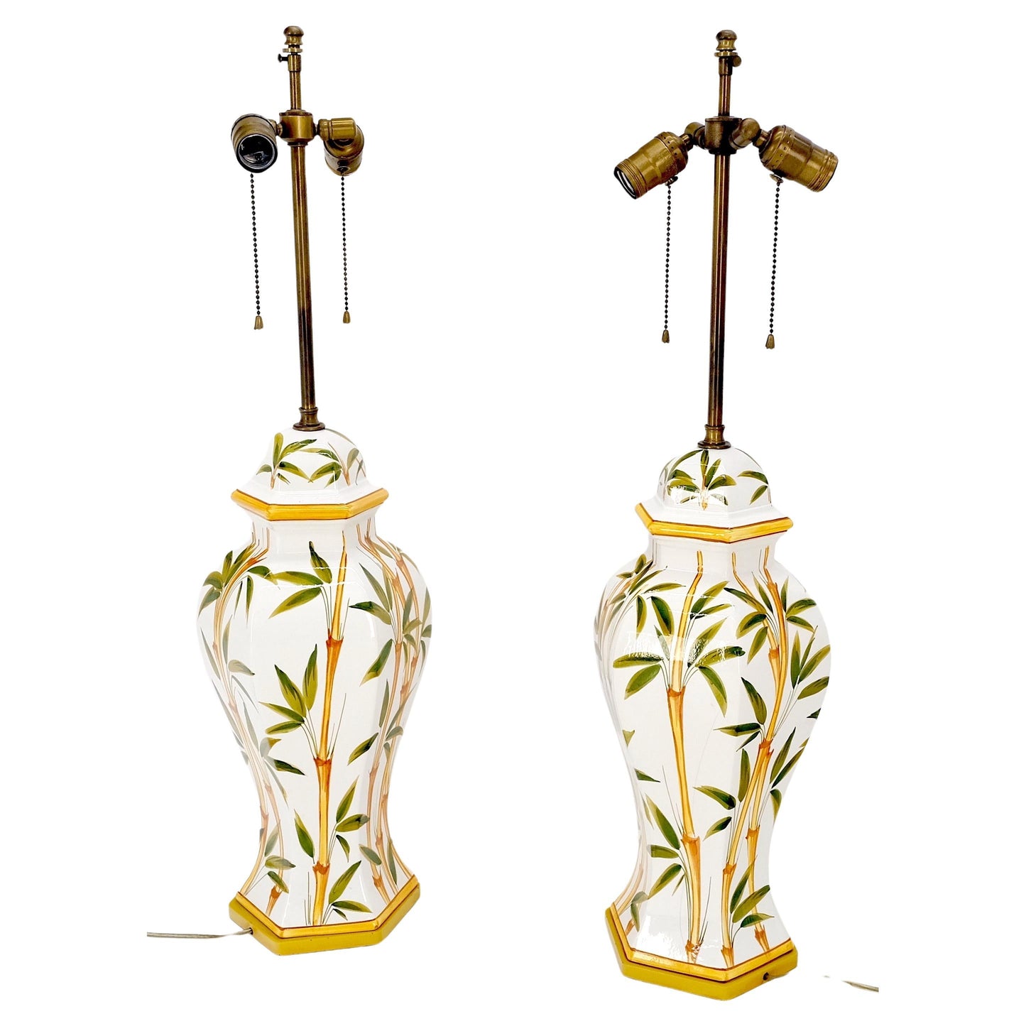 EstablishedLines Pair of Porcelain Pottery Ceramic Hexagon Base Onion Shape Lamps Bamboo Motive