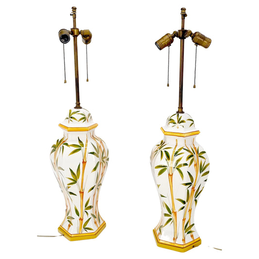 EstablishedLines Pair of Porcelain Pottery Ceramic Hexagon Base Onion Shape Lamps Bamboo Motive