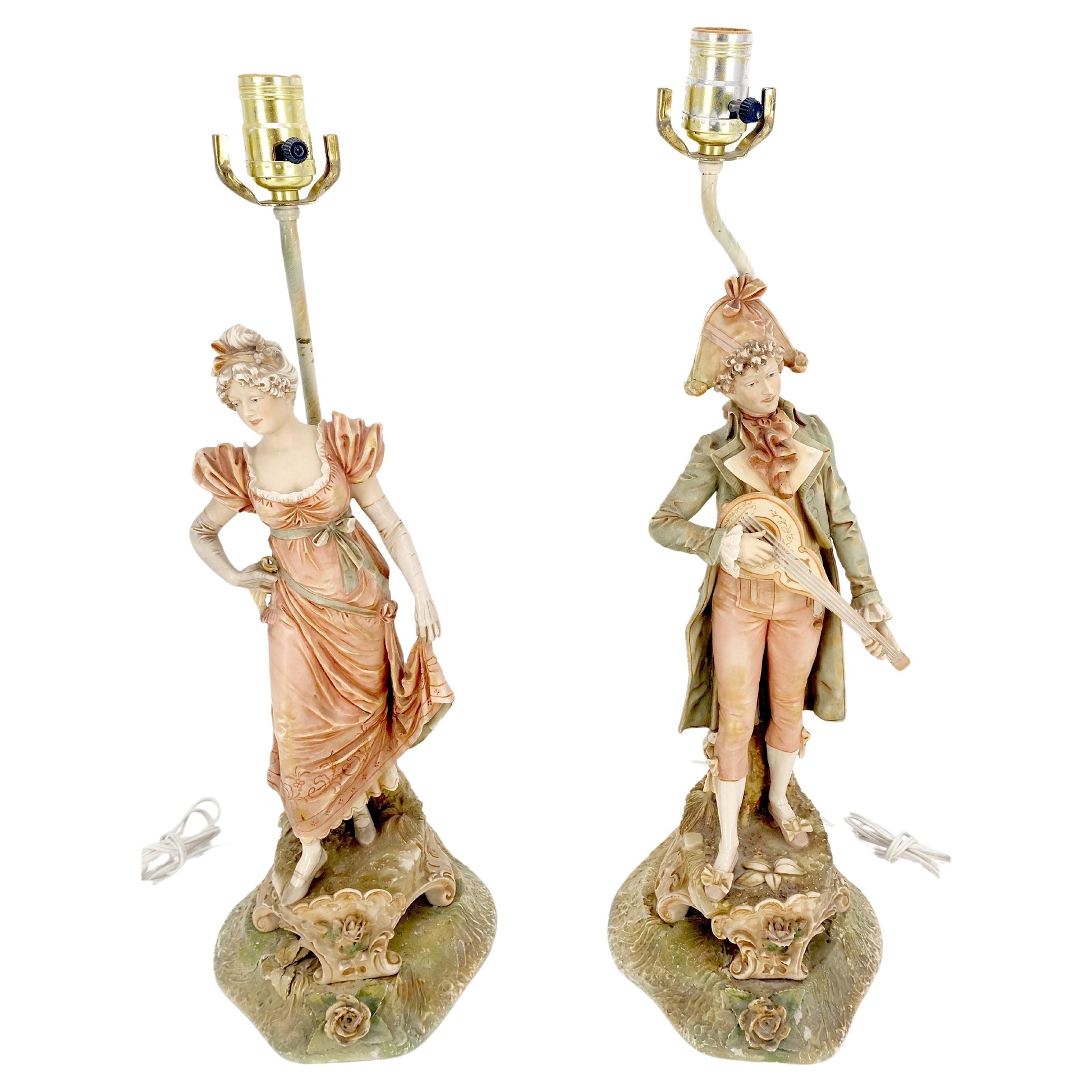 EstablishedLines Pair of Large Porcelain Ceramic Dancing Very Fine Figurines Table Lamps MINT!