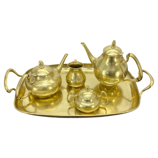 EstablishedLines Solid Brass 5 Pcs Teas Set Tray Two Pots Cream Sugar Heavy Gage Brass