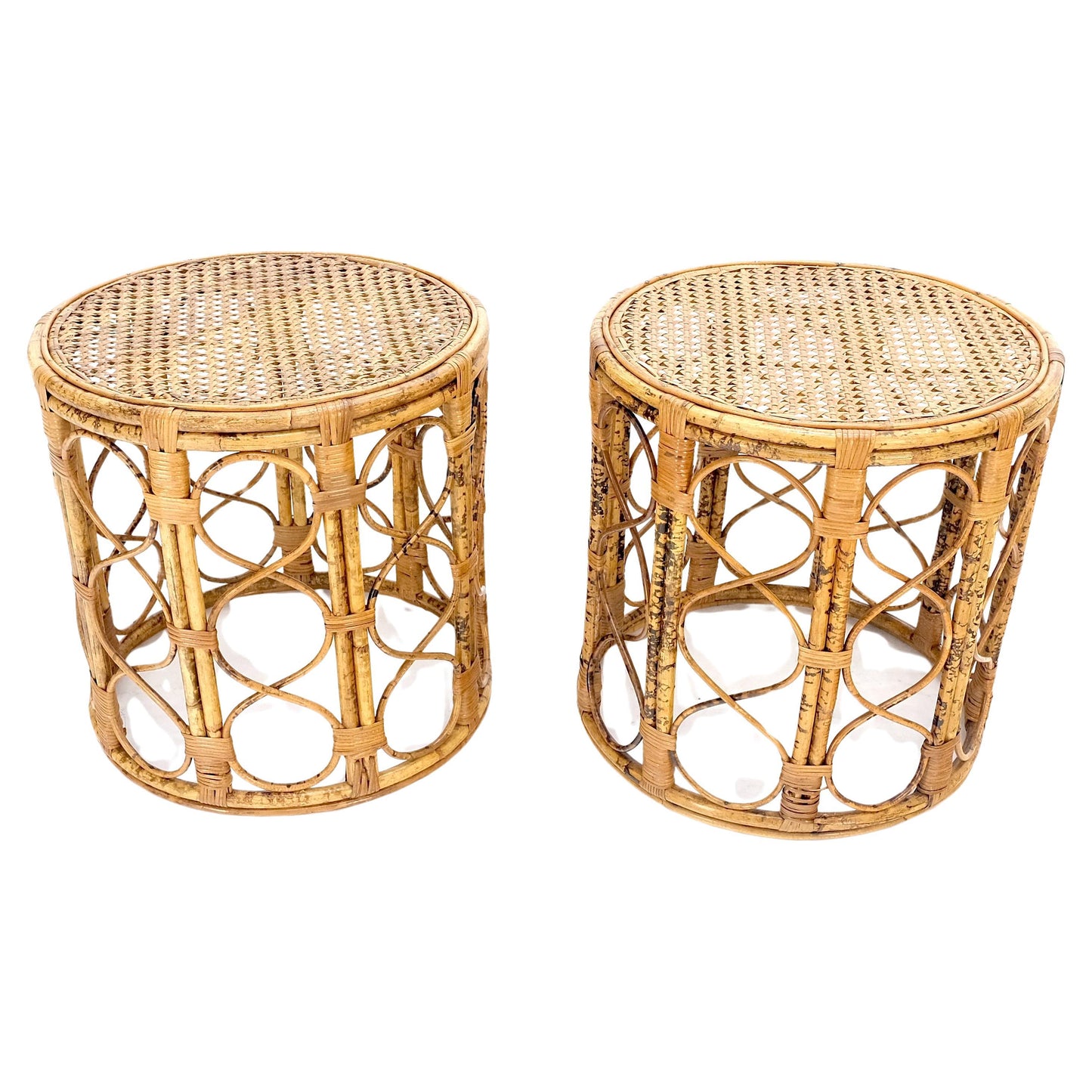 EstablishedLines Pair of 1970s Burnt Bamboo Round Cane Tops Side End Tables Stands MINT!