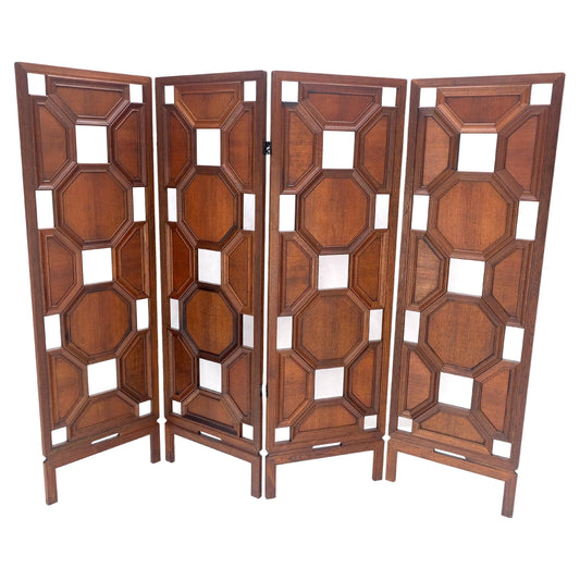 EstablishedLines 4 Panel Honey Comb Checker Board Style Carved Teak Screen Room Divider MINT!