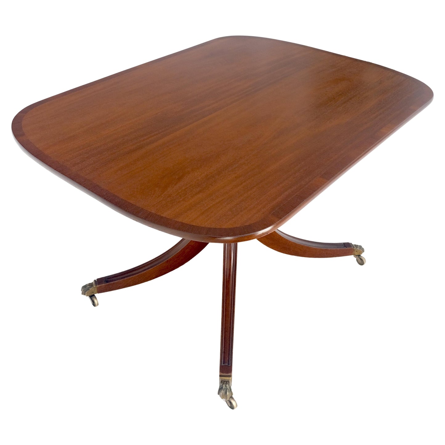 Tilt Top Banded Mahogany Carved Base on Brass Wheels Dining Breakfast Table MINT