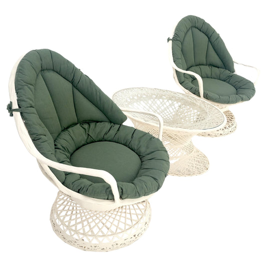 EstablishedLines Set of 2 Egg Shape Fiberglass Spun Outdoor Lounge Chairs Woodard Coffee Table