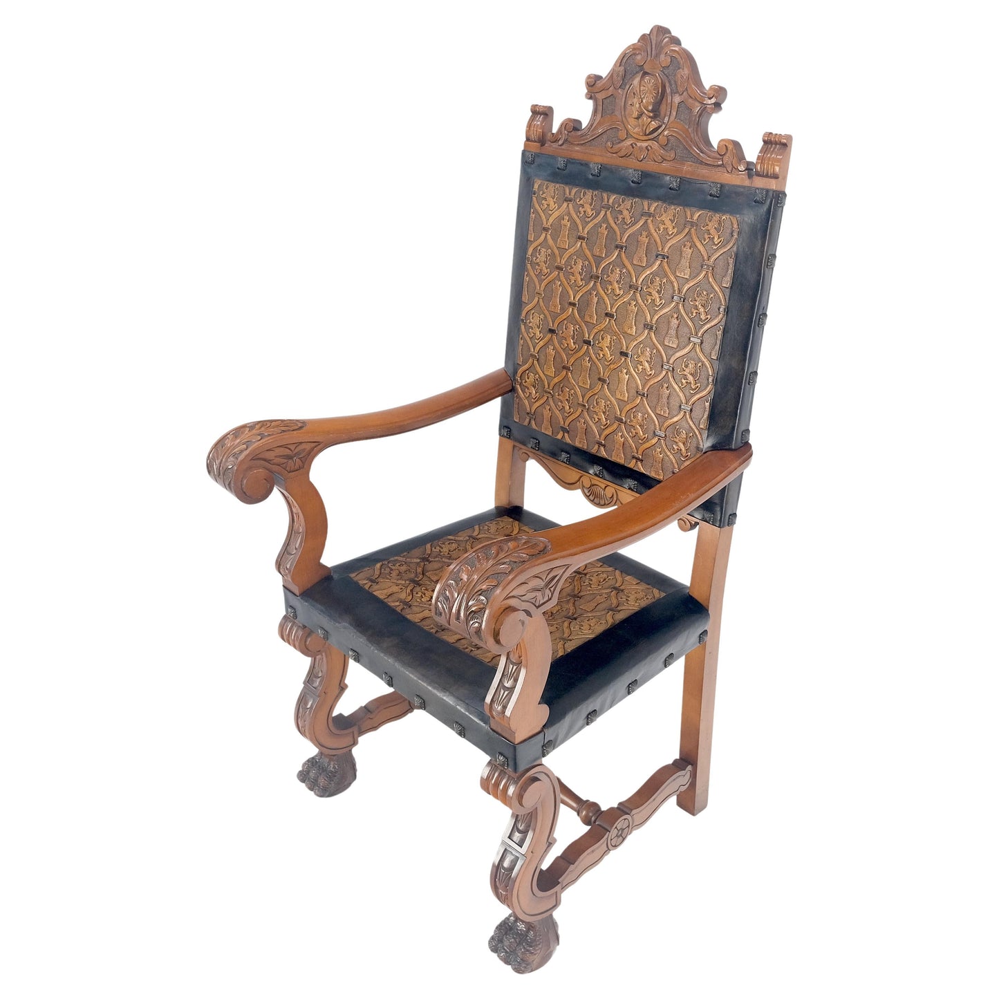EstablishedLines Large Massive Carved Claw Feet Fine Embossed Lions Leather Upholstery Armchair