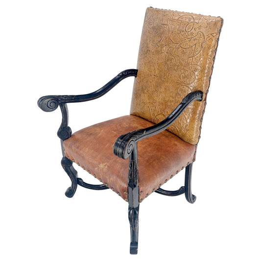 EstablishedLines Large Ebonised Carved Walnut Embossed Leather Upholstery Regency ArmChair