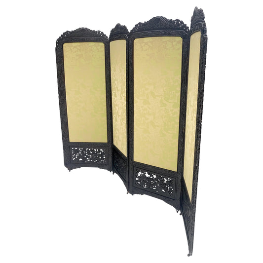 EstablishedLines Ebonised Teak & Silk Fine Carved Japanese Asian 4 Panel Screen Room Divider NICE