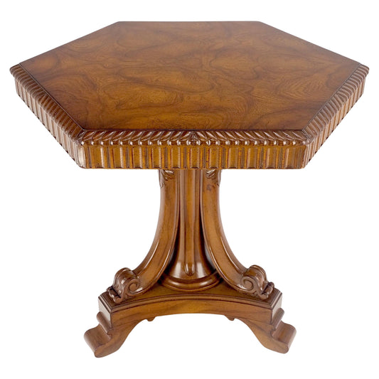 EstablishedLines Fine Hexagon Burl Wood Top Tripod Carved Scroll Base Rope Edge Center Table MINT