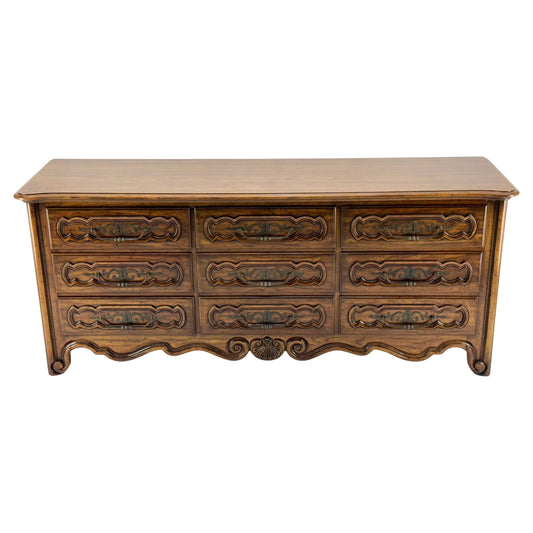 EstablishedLines Henredon Carved Chestnut Drawer Fronts Large Heavy Brass Drop Pulls Dresser MINT