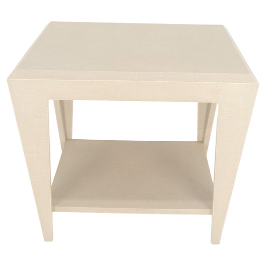 EstablishedLines Lacquered Cloth Rectangle Tapered Legs Two Tier Bottom Shelf Beige End Table