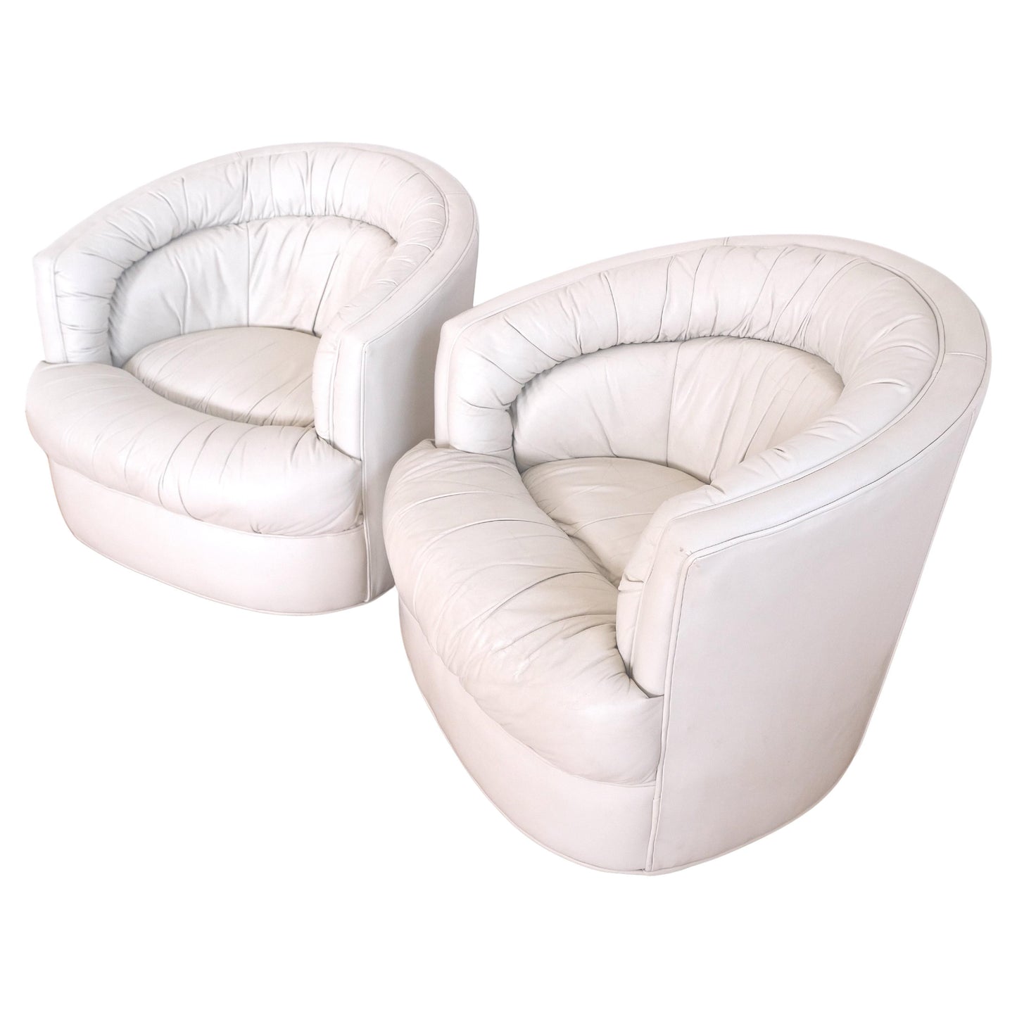 EstablishedLines Pair Barrel Round Back Off White Leather Upholstery Swivel Lounge Chairs MINT!
