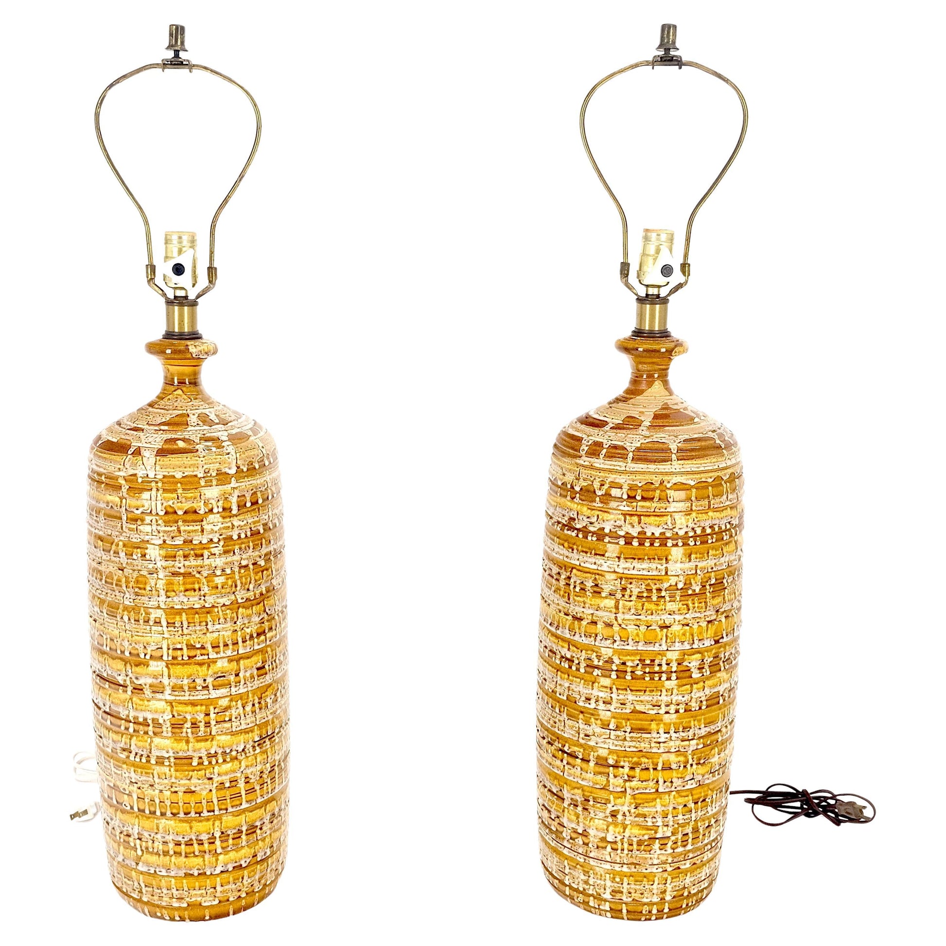 EstablishedLines Pair Italian Brown Cream Yellow Drip Glaze Ceramic Pottery Cylinder Shape Lamps