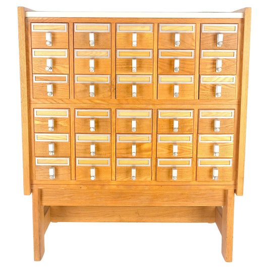 EstablishedLines Oak Aluminum Apothecary 30 Drawers Apothecary Cabinet on Solid Legs Formica Top