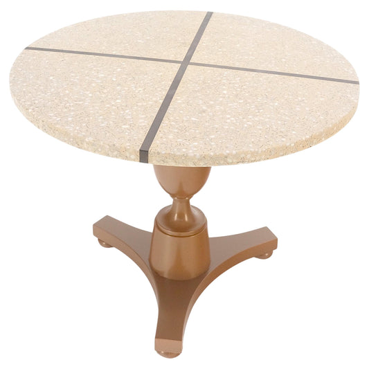 EstablishedLines 24" Round Terrazzo Brass Strip Cross Inlay Top Urn Shape Tripod Base Side Table