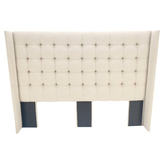 EstablishedLines Tufted Custom Oatmeal Linen Upholstery King Size Wing Headboard King Size Bed