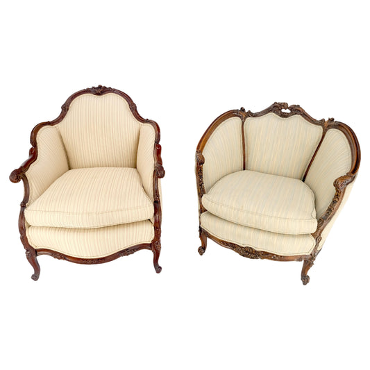EstablishedLines Pair of His & Hers French Very Fine Carved Mahogany Louis XV Lounge Chairs Clean