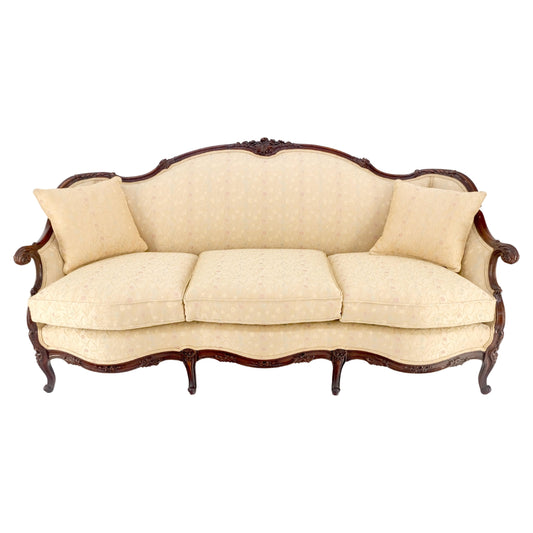 EstablishedLines Very Fine Carved Mahogany Frame Cream Upholstery Curved Back French Sofa MINT!