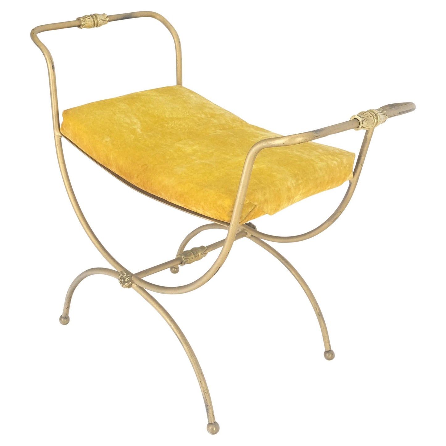 EstablishedLines Italian Brass & Steel Bent Wire Ball Feet Gold Upholstery Cushion Window Bench