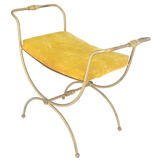 EstablishedLines Italian Brass & Steel Bent Wire Ball Feet Gold Upholstery Cushion Window Bench