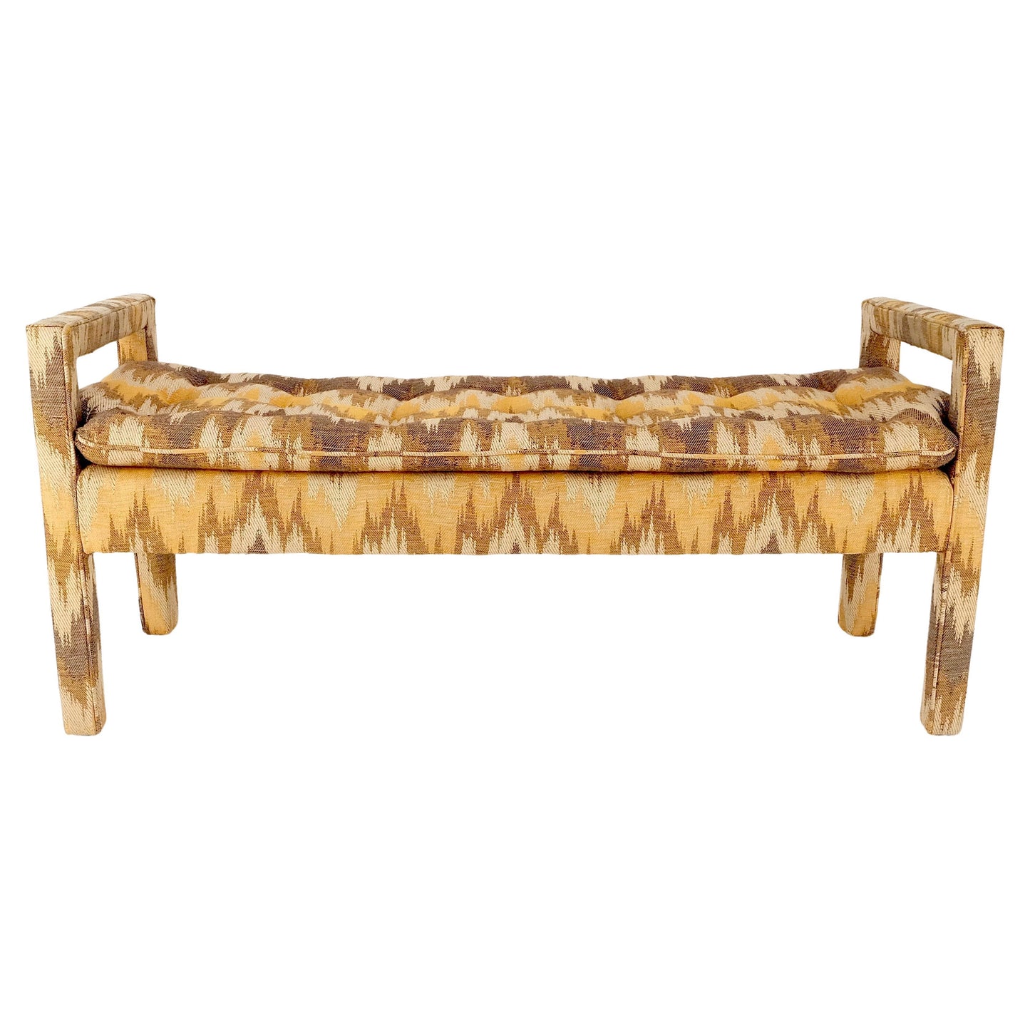 EstablishedLines Flame Pattern Upholstery Double Arms 51" Long Window Bench c1970s Mid Century