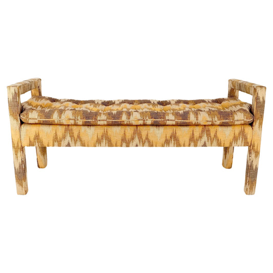 EstablishedLines Flame Pattern Upholstery Double Arms 51" Long Window Bench c1970s Mid Century