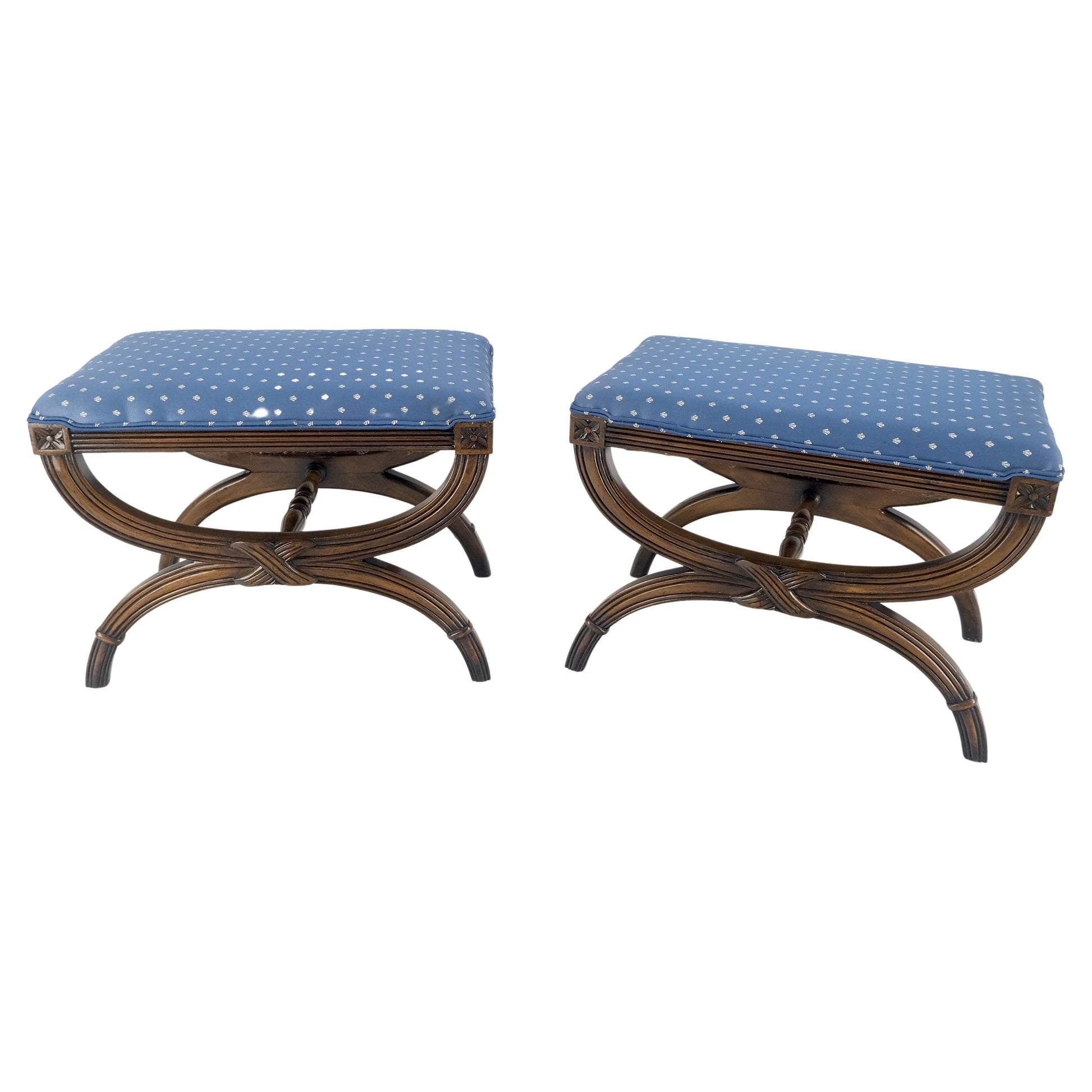 EstablishedLines Pair of Carved Regency Style Blue Upholstery Benches MINT