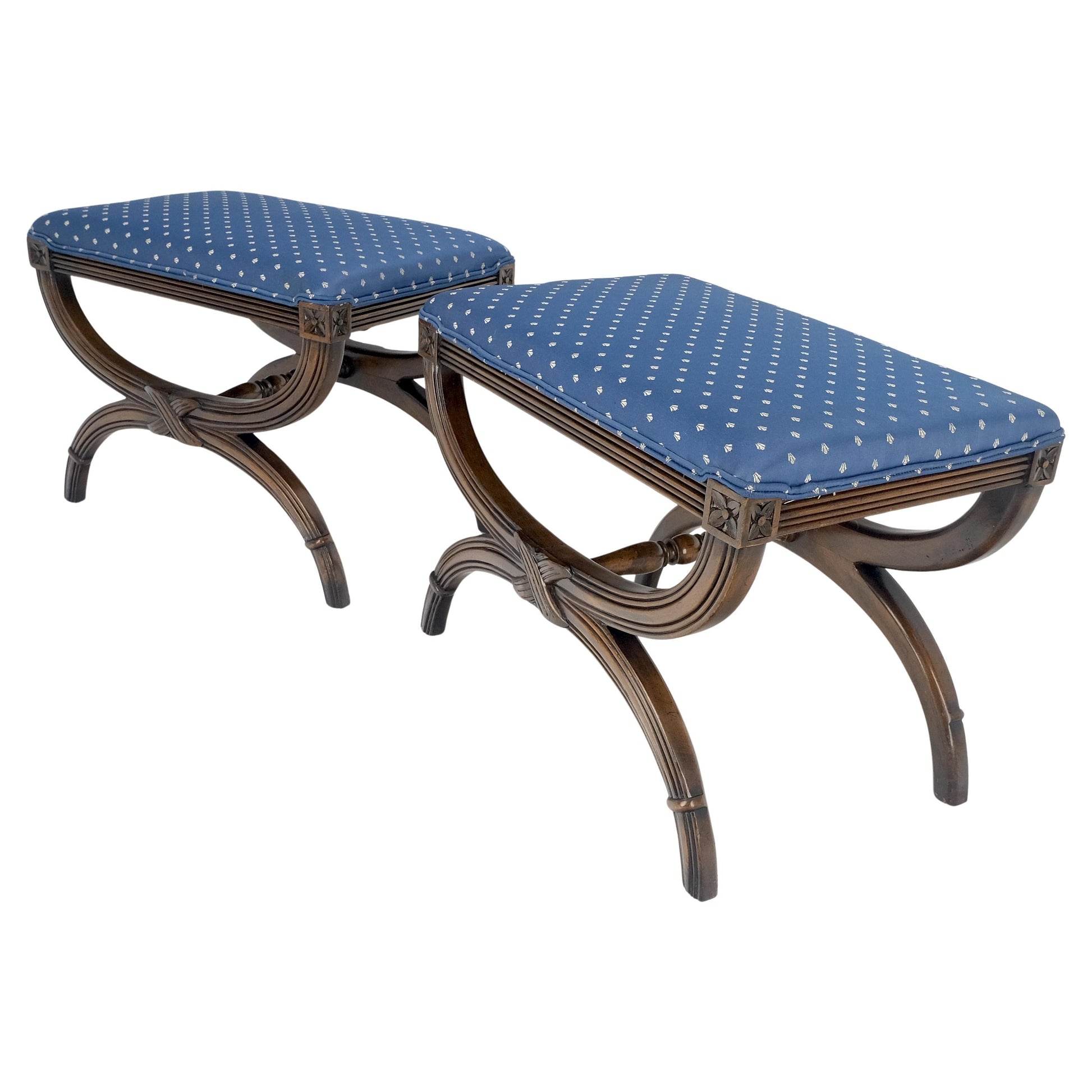 EstablishedLines Pair of Carved Regency Style Blue Upholstery Benches MINT