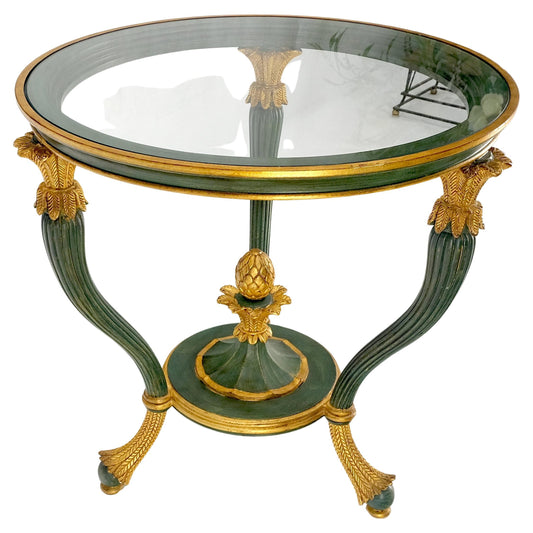 EstablishedLines Italy Decorative Carved Painted 28" Round Glass Top Gueridon Lamp Center Table
