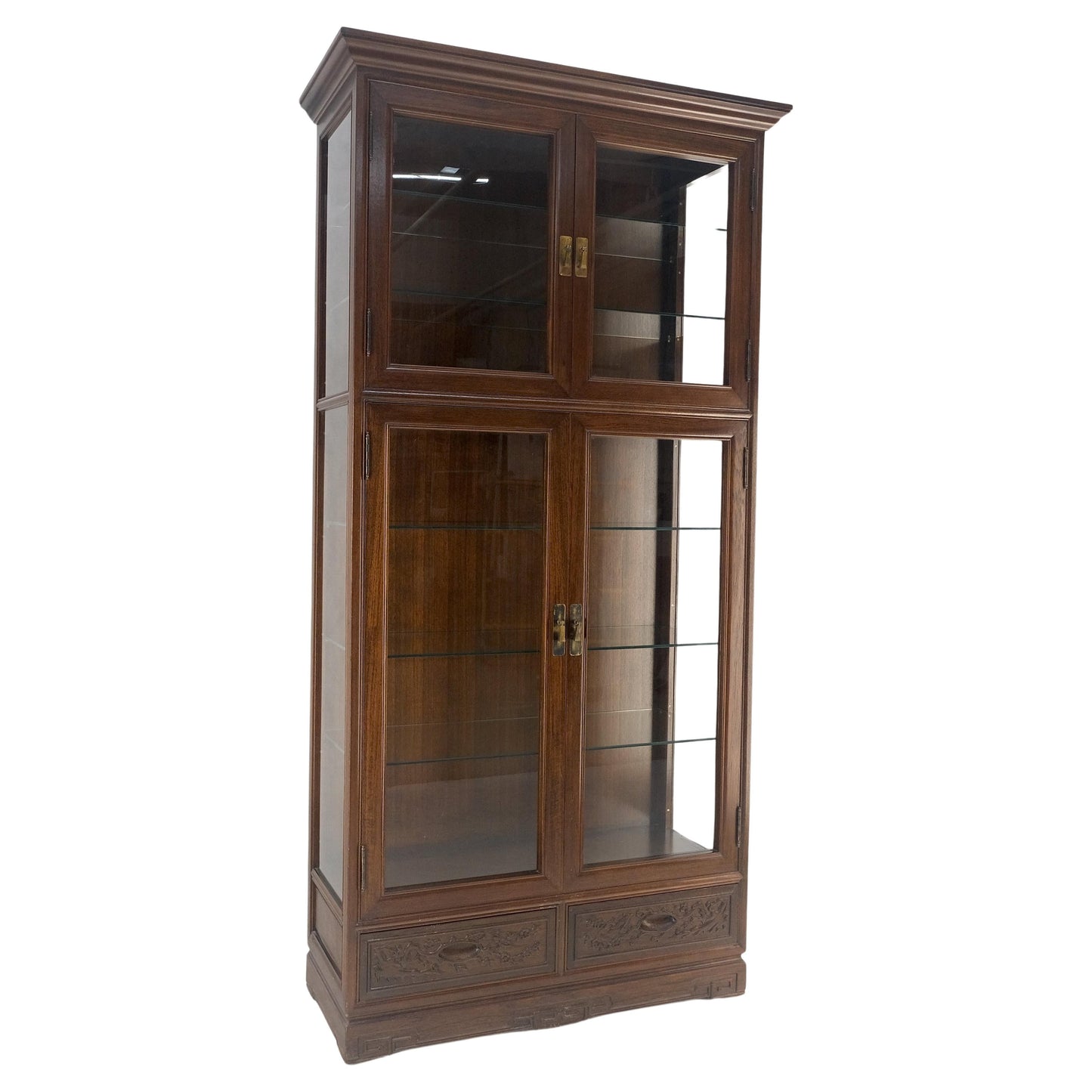 EstablishedLines 4 Doors Carved Teak 5 Shelves 2 Bottom Drawers 72" Tall Curio Cabinet Showcase