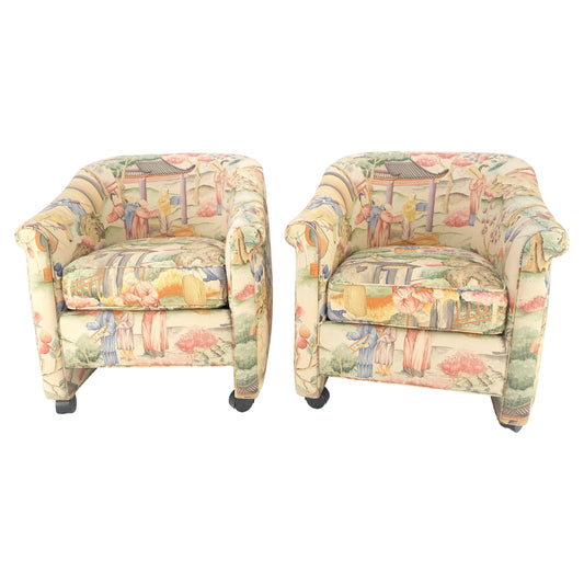 EstablishedLines Pair Asian Silk Motive Round Barrel Back Upholstery Lounge Chairs Casters MINT