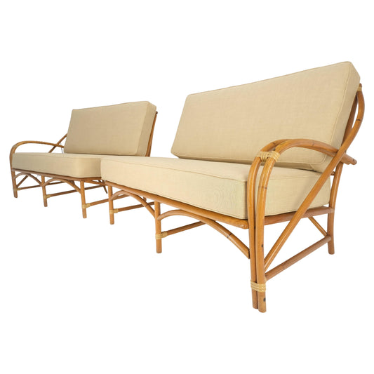 EstablishedLines New Gold Linen Upholstery Bamboo 2 Part Sectional Sofa c1970s MINT!