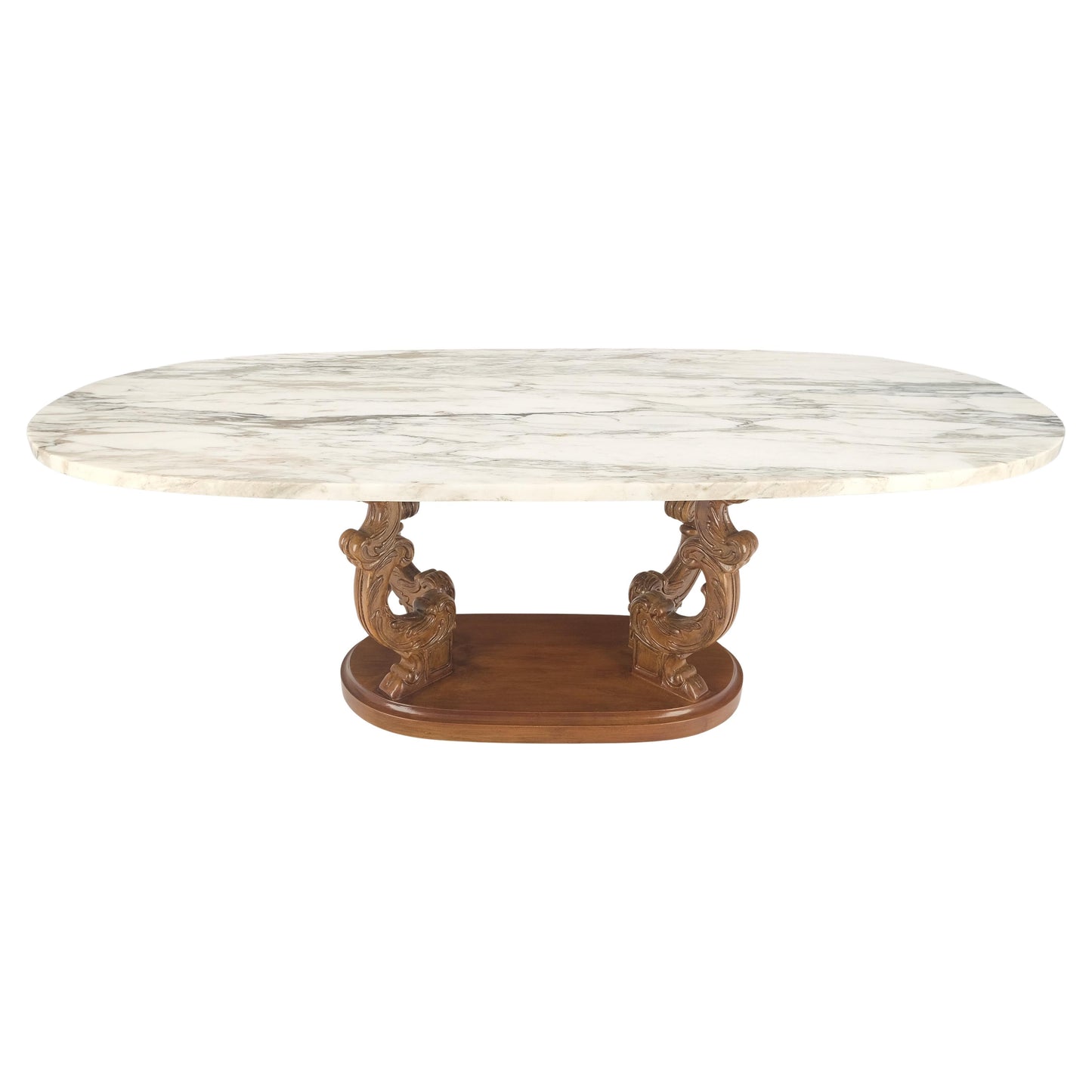 EstablishedLines Carved Regency Style Walnut Base Oval Marble Top Coffee c1960s MINT!