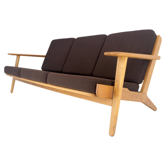 EstablishedLines Solid Oak Frame Brown Upholstery MCM Style 3 Seat Sofa Clean!