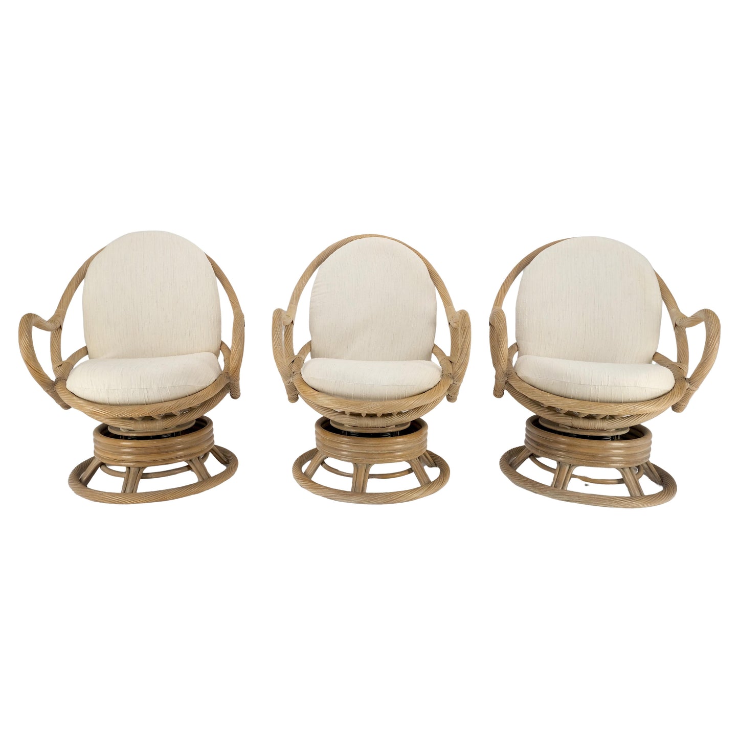 EstablishedLines Set of Three Rocking Twisted Rattan Reed Oval Back Arm Lounge Chairs c1970s MINT