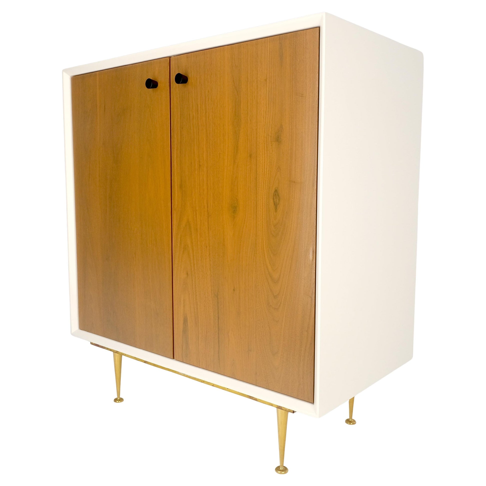 EstablishedLines Two Doors Light Walnut & White Lacquer Storage Shelf Cabinet on Solid Brass Legs
